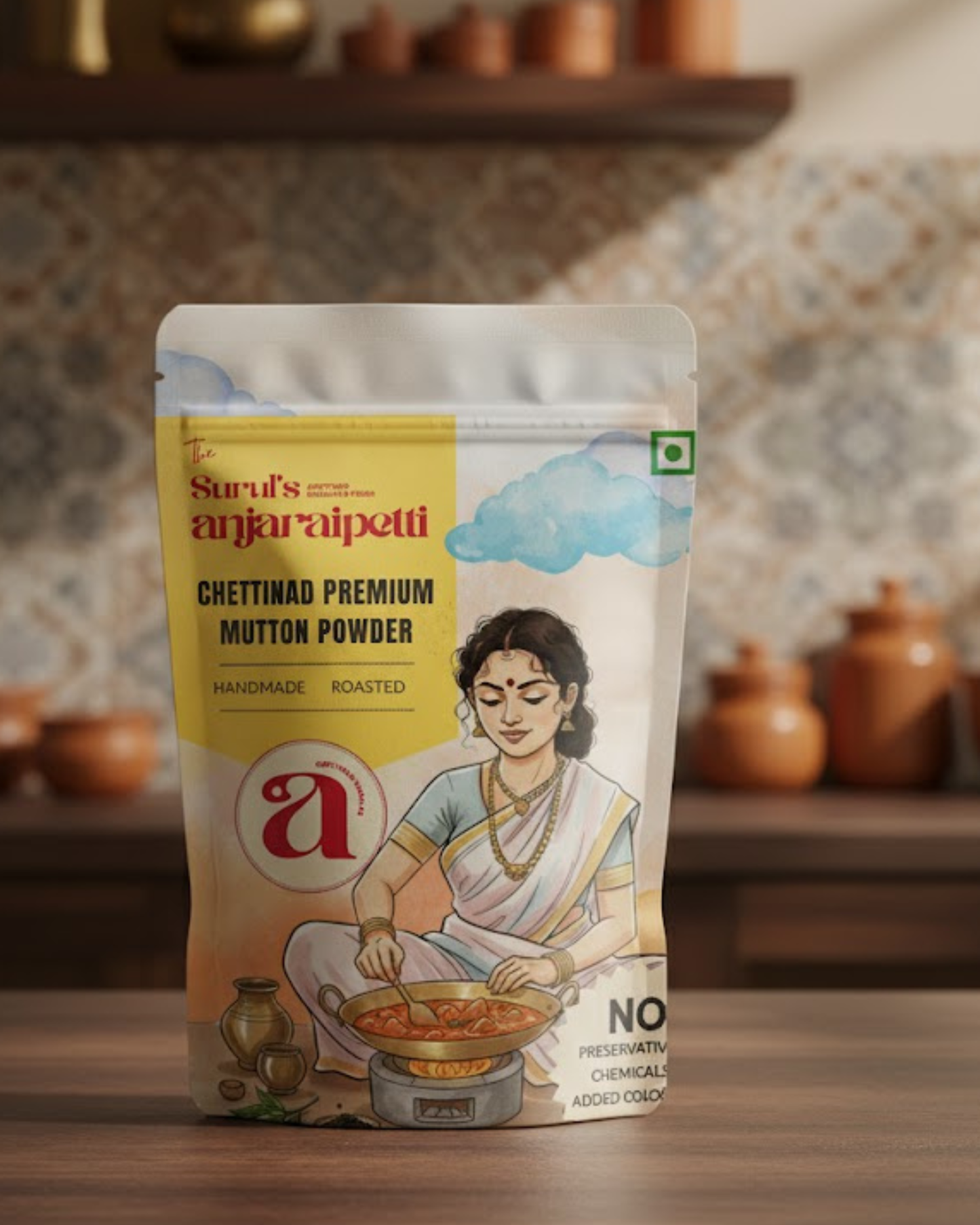Packaging of Chettinad Premium Mutton Powder with a woman illustration on a kitchen background