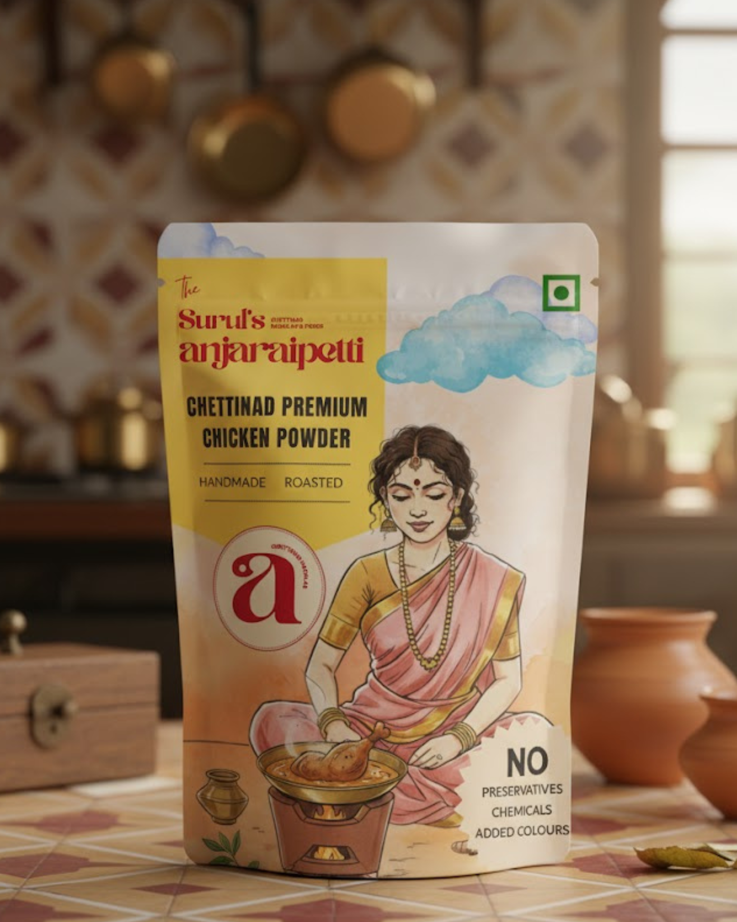Packaging of Chettinad Premium Chicken Powder with a woman illustration on a kitchen background
