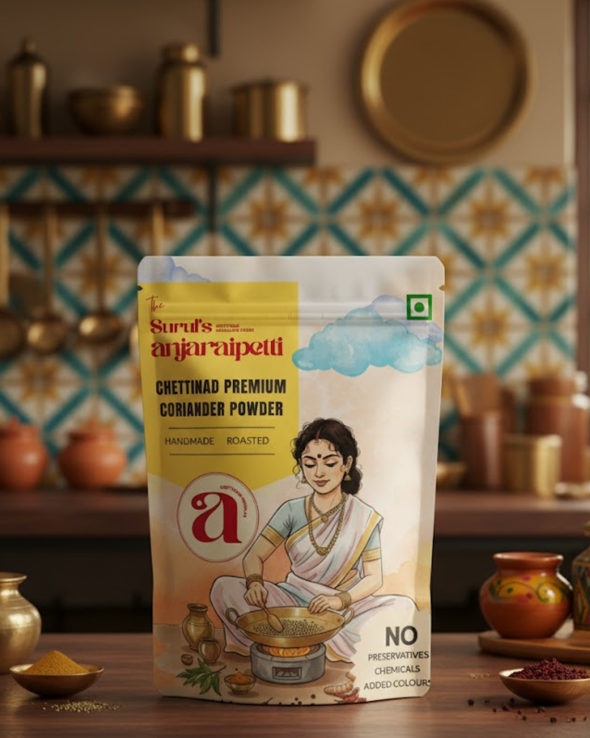 Sard's Arjarupetti coriander powder packaging with a kitchen background