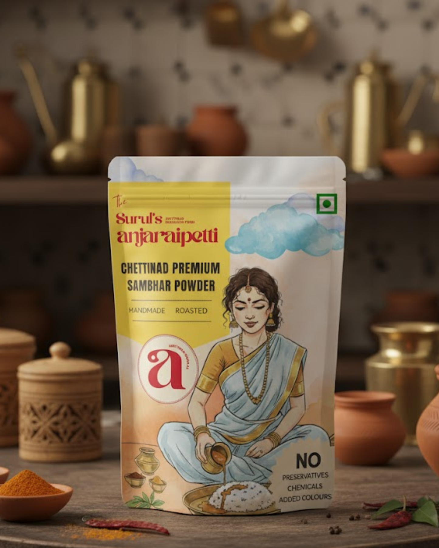 Surul's Anjaraipeett Chettinad Premium Sambar Powder packaging with a woman illustration on a rustic background.